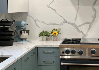 Teal Kitchen Cabinet, Integrated fridge, White Full Slab kitchen backsplash