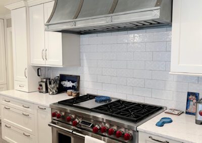 Stainless Steel Decorative Range Hood, Stainless Steel Wolf Range, White Kitchen Countertop, White Kitchen Cabinet