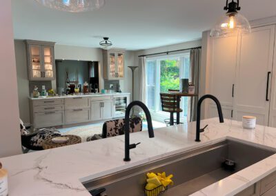 White Kitchen, ROHL Luxe Kitchen Faucet Matte Black, Galley Workstation Sink, White Countertop Island, Wine Fridge