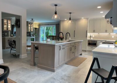 Wood grain melamine Kitchen Island, Compac Unique Countertop, Matte Black Hardware, ROHL Luxe Kitchen Faucet